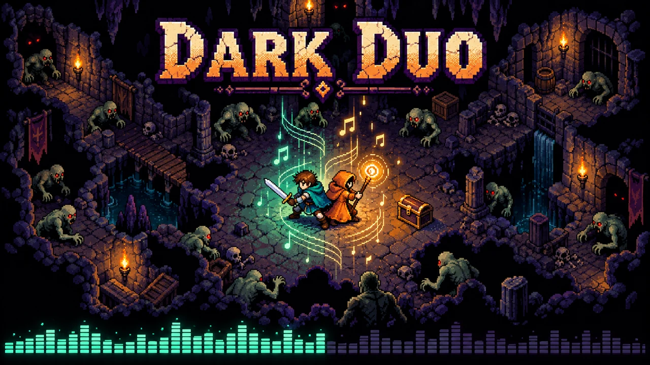 Dark Duo artwork: two pixel-art heroes with a sword and a glowing staff stand back to back in a torch-lit cave as ghouls close in, with music notes swirling around them and a half-lit music meter along the bottom